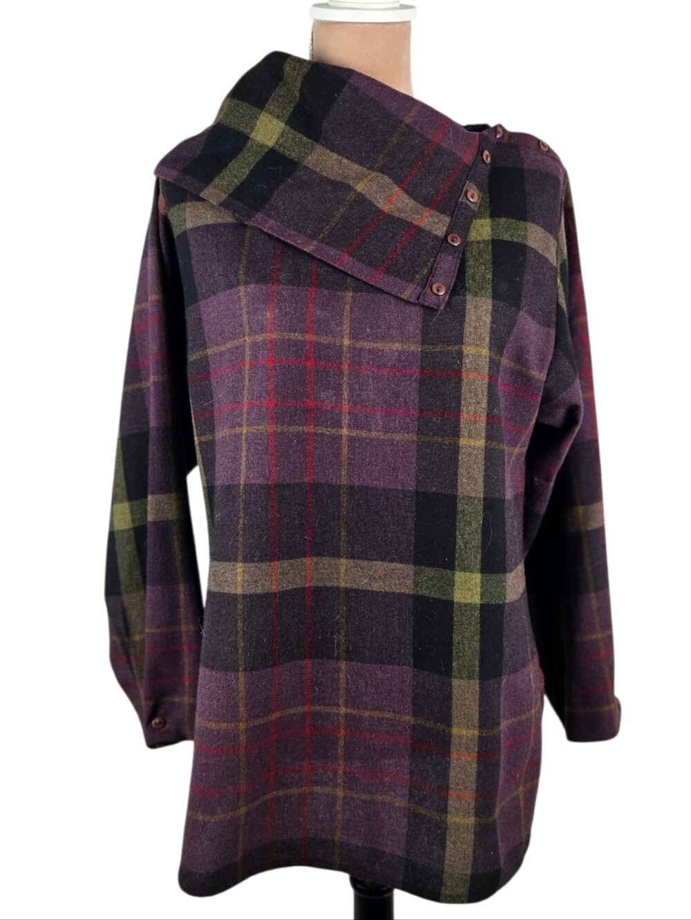 Condor Wool Blend Plaid Poncho Tunic Vintage Oversized Collar Purple 9/10